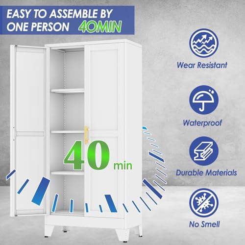 61" Metal Garage Storage Cabinet with 2 Doors and 3 Adjustable Shelves,Metal Storage Cabinets,Steel Tool Cabinets for Home,Office,Garage,Warehouse(White, 61''H x 27''W x 14''D)