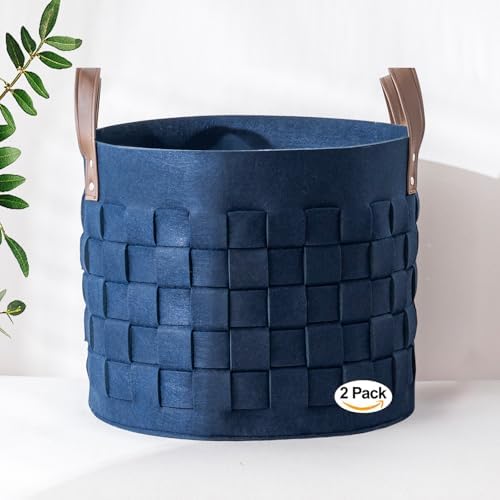 BOLDMONKEY Blankets Basket 15" x15 " x13 " 2 Pack, Felt Storage Baskets for Organizing Round, Living Room Dog Toy Bin for Dirty Clothes, Pillows, Towel-Navy Blue
