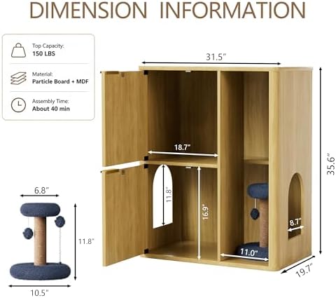 31.5 Inch Cat Litter Box Enclosure with Cat Tree Cabinet, Natural | Hidden Litter Box Furniture with Dual Entry Doors, Storage Shelf, Sisal Scratching Post and Modern Side Table Design