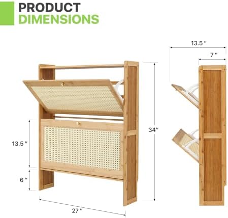 Magshion Narrow Shoe Cabinet for Entryway Slim Thin Bamboo Freestanding Shoe Storage with Flip Drawers for Hallway, Living Room (Natural, 34" x 27" x 7")