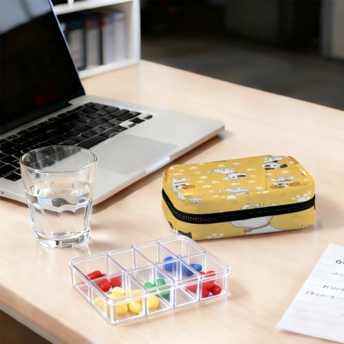 Weekly Pill Organizer Travel Size Bag with Removable 7 Day Pill Box Portable Vitamin Case Purse with Zipper,Puppy Dog Paw Prints Yellow Pattern