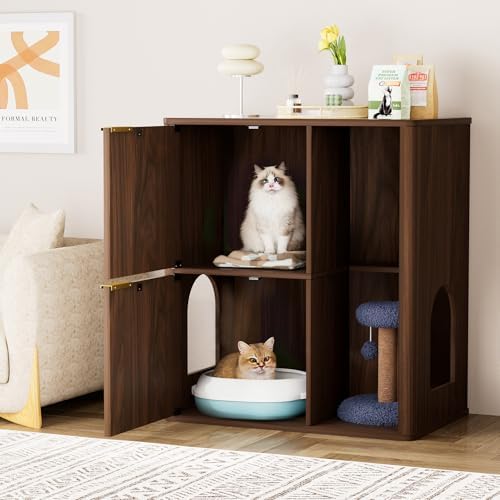 31.5 Inch Cat Litter Box Enclosure with Cat Tree Cabinet, Walnut | Hidden Litter Box Furniture with Dual Entry Doors, Storage Shelf, Sisal Scratching Post and Modern Side Table Design