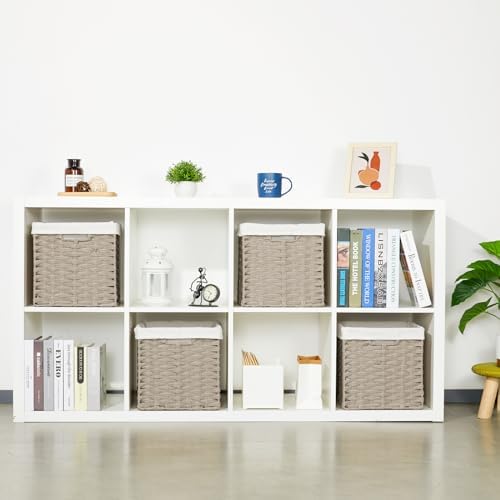 Bidtakay Wicker Storage Baskets for Organizing 4-Pack Hand-Woven Imitation Wicker Cube Storage Bins with Liners for Shelves Closet Cabinet 11x11 Waterproof Cube Organizer for Pantry-Greyish Beige