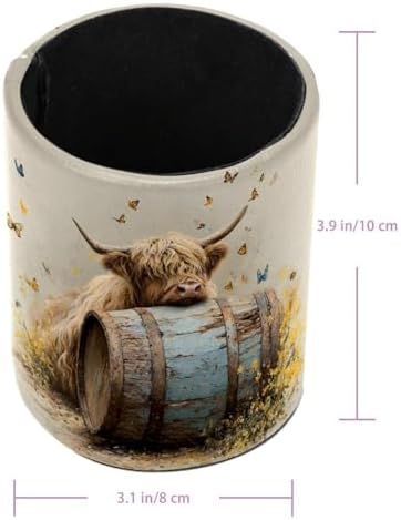 Faux Leather Pen Holder for Desk, Pencil Organizer Highland Cow Pen Cup Desk Decor Makeup Brush Holder Storage for Office Home