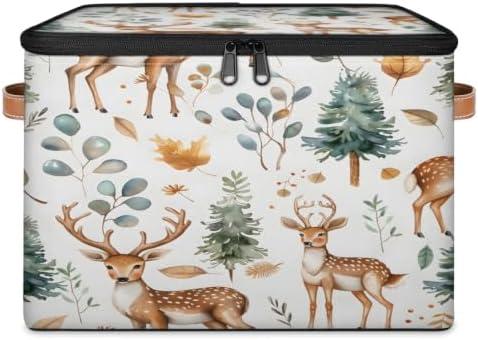 Cute Wild Deer Storage Box with Zipper Lid | Collapsible, Fabric, Storage Bin, Handle, Large, Closet Organizer, Containers, Bedroom, Home, Eucalyptus Leaf