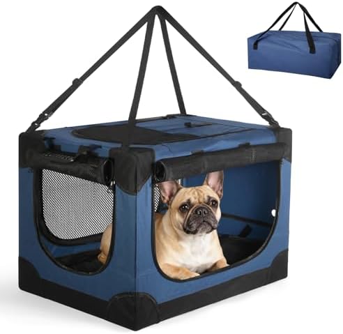 24 Inch Collapsible Soft Dog Crate for Small Dogs, Travel Dog Crate Bule | Portable Dog Crate Soft Sided, 4-sided Mesh Vents, Foldable with Storage Bag, Fit Small Dogs & Large Cats, Indoor/Outdoor