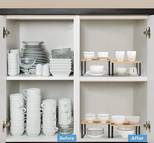 MOOACE Kitchen Cabinet and Counter Shelf Organizer, Stackable & Expandable, Set of 4, Black and Natural | Stackable & Expandable Spice Rack, Space-Saving Pantry Organizers Bathroom Countertop Storage, Natural and Black