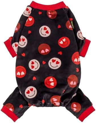 Fitwarm Hearts Eyes Smily Face Dog Pajamas, Cozy Valentines Outfit for Small Dogs Boy Girl, Festive Pet Clothes, Black, Red, XL