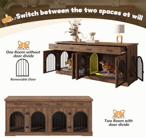 70.8" Large Dog Crate Furniture with Removable Divider/4 Storage Space | Multi‑Purpose Indoor Dog Kennel Works As Tv Stand End Table,Six Access Doors,For Small Medium Multi‑Dog Households