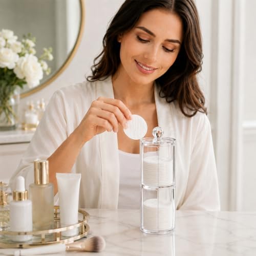 2 Pcs Cotton Round Holder with Lid Plastic Pad Dispenser | Clear Makeup Remover Pads Container, Storage Organizer for Bathroom Vanity, Plastic Jar, for Makeup Remover Pads