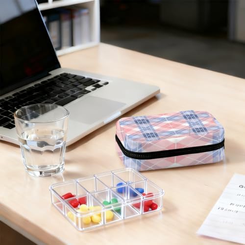 Travel Pill Organizer Pink Blue Plaid Small Pill Case