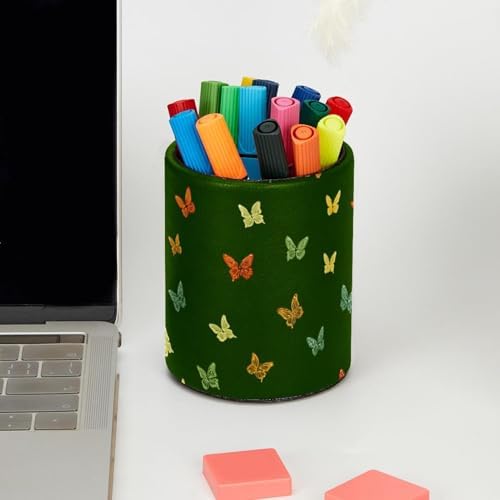 Faux Leather Pen Holder for Desk, Pencil Organizer Butterfly Pen Cup Desk Decor Makeup Brush Holder Storage for Office Home