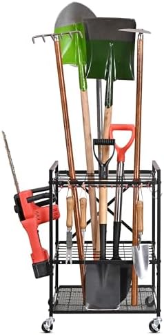 Mythinglogic Rolling Garden Tool Organizer for Garage and Yard Tools | Metal rolling rack with multiple tool slots, movable hooks and locking casters for rakes, shovels, brooms and yard tools