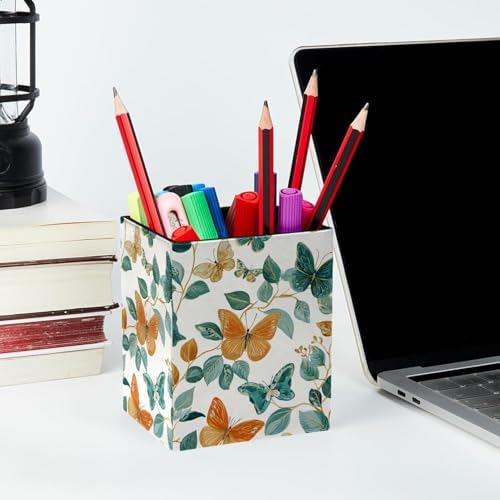 Butterfly Pen Holder for Desk Decor, Rectangular PVC Leather Pencil Cup for Desk Pen Organizer, Makeup Brush Holder for School, Home, Office