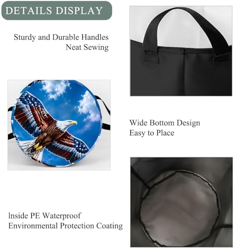 Eagle Laundry Basket Hamper, Organizer Bins Gifts for Women Kids, American Flag Bald Eagle Foldable Waterproof Clothes Hamper Handles Storage Bucket for Bedroom Bathroom Room Decor 19.7"x15.7"