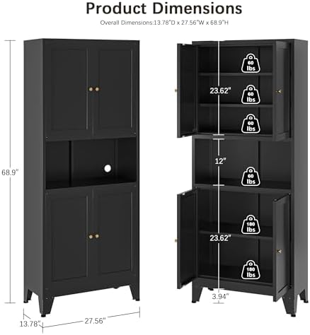 69"H Metal Storage Cabinet with Doors and Shelves,Tall Black Cabinets,Bathroom Storage Cabinet,Large Cabinets with Glass Doors and Adjustable Shelves,Cabinet for Bathroom, Living Room, Dining Room