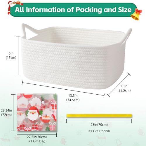 OIAHOMY Woven Basket, Gift Basket Empty with Gift Bags and Ribbons, Rope Baskets for Baby Showers, Storage Baskets with Handles for Nursery, Pet Toy Organizer - Christmas White