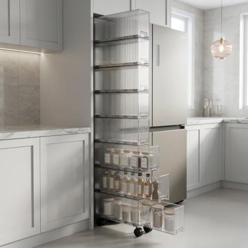 Slim Storage Cabinet with Wheels, Space Saving Narrow Rolling Cart, Thickened PET Transparent Drawer Organizer, Mobile Bathroom for Small Spaces Kitchen Laundry(Clear Gray,5.9*15.9*52.5in)