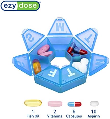 Ezy Dose Weekly (7-Day) Pill Organizer, 7-Sided Medicine Planner, Blue | Compact Daily Round Vitamin & Supplement Medicine Case, Convenient and Easy to Use, Travel-Friendly Container, BPA-Free