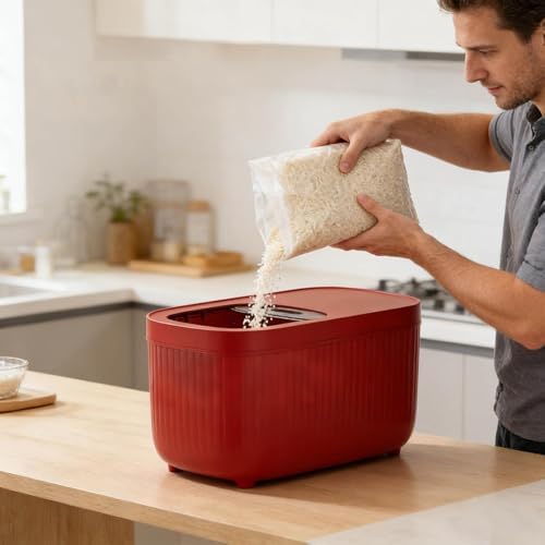 Airtight Rice Storage Container, Dry Food Dispenser with Transparent Sealed Lid for Kitchen Pantry Organization for Storing Rice, Cereal, Flour, Pet Food and Other Dry Ingredients (Red, M)