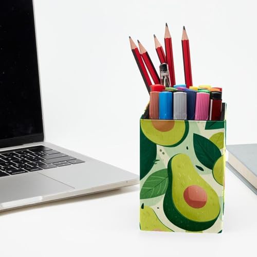 Cute Green Fruit Pen Holder for Desk Decor, Rectangular PVC Leather Pencil Cup for Desk Pen Organizer, Makeup Brush Holder for School, Home, Office