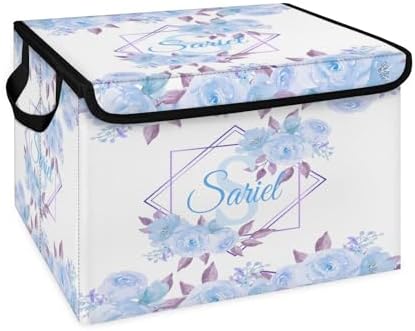 Blue Floral Storage Bin with Lid Personalized Storage Baskets for Organizing Foldable Closet Organizers with Handles,Cute Basket for Boys Girls for Clothes Blanket Pet Dog Toy Basket Storage (1 Pack)