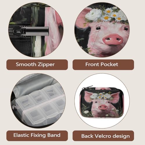 Weekly Pill Organizer Travel Size Bag with Removable 7 Day Pill Box Portable Vitamin Case Purse with Zipper,Pink Pig Flower Crown Oil Painting
