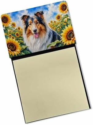 Caroline's Treasures Collie in Sunflowers Watercolor Sticky Note Holder Refillable Dispenser Desk Accessory 3x3 Pad Gift