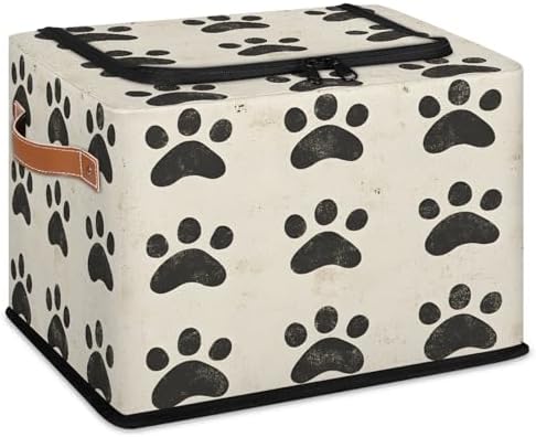 Dog Paw Storage Bins with Zipper Lid Animal Footprint Foldable Fabric Organizer Box with Handles Rectangular Closet Clothes Organizer Containers
