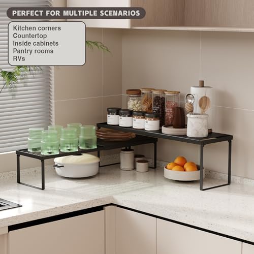 Magheo Expandable Cabinet Shelf Organizer, 1 Pack Stackable Kitchen Counter Shelf Riser, Metal Spice Rack Heavy Duty Countertop Organizer Storage for Kitchen, Pantry, Cupboard, Rv (5.9in Height,Black)