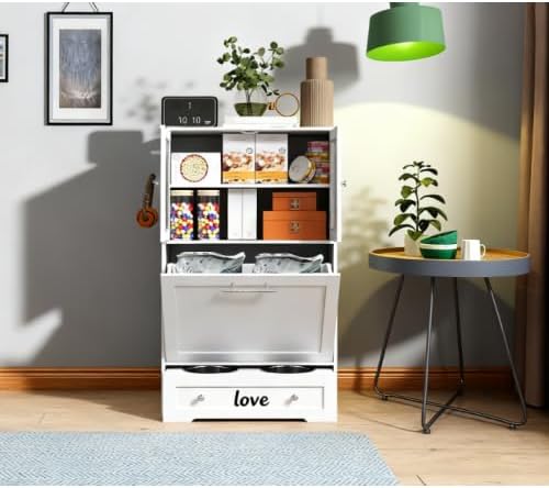 39'' Dog Feeding Station with Storage Cabinet, Wood Pet Storage Cabinet with Raised Bowls, Hidden Feeding Design, Controlled Feed Times