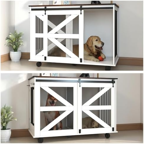 47.2" Mobile Dog Crate with 5-Caster System Brown White Easy Move & Ventilation Home Decor