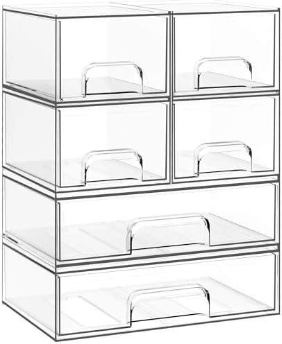 Criusia Stackable Storage Drawers, 6 Pack Clear Plastic Makeup & Bathroom Organizer, Versatile Storage Bins for Vanity, Under Sink, Kitchen Cabinets & Pantry