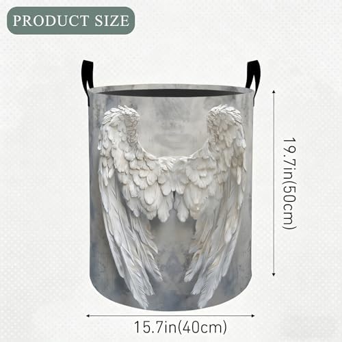 Angel Wings Laundry Basket Hamper, Organizer Bins Gifts for Women Kids, Heavenly White Feather Foldable Waterproof Clothes Hamper Handles Storage Bucket for Bedroom Bathroom Room Decor 19.7"x15.7"