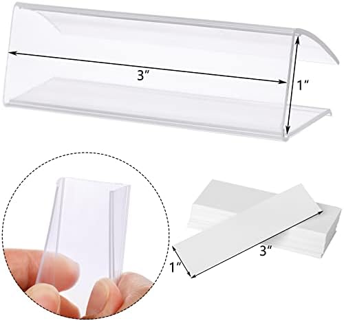 Hedume 100 Pcs Plastic Label Holder with 100 Pcs Label Inserts, 3" L x1" H Clear Plastic Shelf Label Holder, Shelf Sign and Ticket Holder, Clips On to Shelves 5/8" to 3/4" Thick
