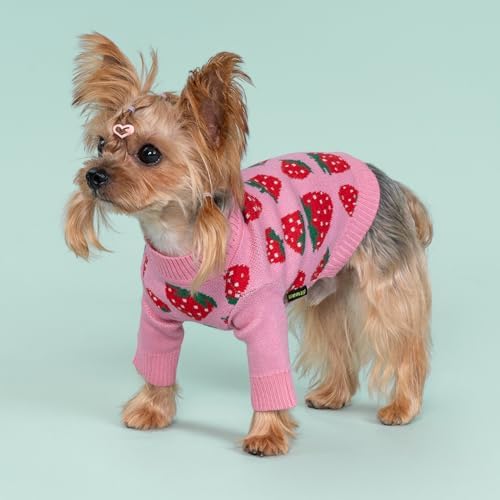 Fitwarm Adorable Strawberry Dog Sweater, Thermal Dog Winter Clothes for Small Dogs Girl, Pet Outfit, Pink, Red, White, Green, XL
