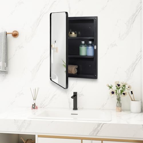 Black 16 x 22 Wall Medicine Cabinet, Mirror Door, Recessed or Surface Mount | Recessed Bathroom Mirror Cabinet with 2 Adjustable Shelves, Reversible Door And Hardware; Fully Assembled for Wall Mounting