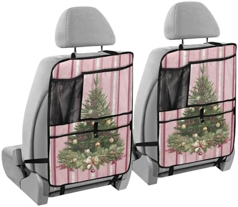 2 Pack Back Seat Car Organizer with Storage Pockets Kick Mats Back Seat Protector Hanging Car Organizer Automotive Seat Back Cover Organizers Cute Pink Striped Christmas Tree