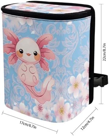 DISNIMO Cherry Blossom Axolotl Car Trash Can with Lid Cute Car Accessories Leak Proof Car Trash Bag Hanging Car Garbage Can Multipurpose Storage Container for Back Seat Road Trip