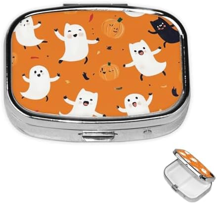 Pill Box 2 Compartment Medicine Pill Case for Pocket or Purse Mini Metal Pill Holder Cute Halloween Pattern Pill Case Vitamin Organizer Portable Travel Pill Container to Hold Supplements Vitamins