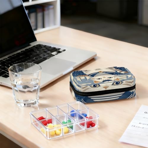 Weekly Pill Organizer Travel Size Bag with Removable 7 Day Pill Box Portable Vitamin Case Purse with Zipper,Sailor Cat Striped Collar Anchor Hat
