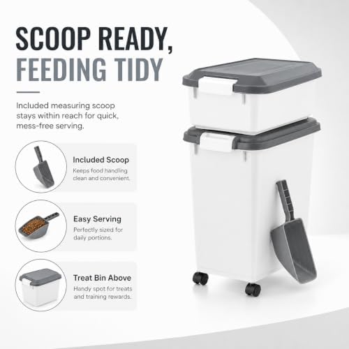 Airtight Pet Food Storage Container with Wheels and Scoop, Moisture-Proof Dog Cat Food Bin, Easy-Moving Kitchen Pantry Organizer (30 Lbs. + 11 Lbs.)