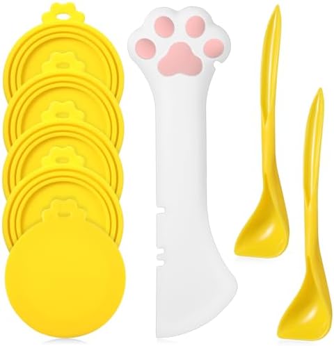 Uiifan 8 Pcs Cat Food Can Covers Lids Set, Silicone Pet Food Can Lids with Multi-Function Cat Foods Spoon and Opener, Silicone Wet Foods Spoon for Cats and Dogs(Yellow)