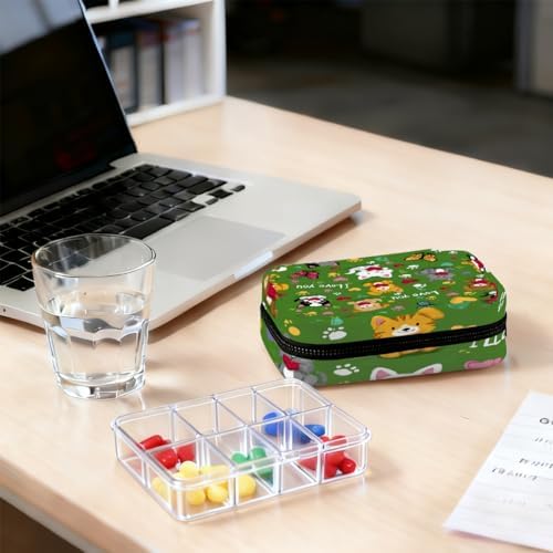 Weekly Pill Organizer Travel Size Bag with Removable 7 Day Pill Box Portable Vitamin Case Purse with Zipper,Pets Hearts Love Pattern
