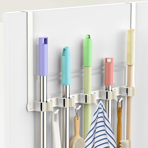 Broom Holder Over The Door with 4 Over Door Hook, Drilling Free Mop - White | Save Space, Metal Mop and Broom Storage Wall Mount Broom Storage Tool Organizer for Laundry Room Garage Kitchen Bathroom