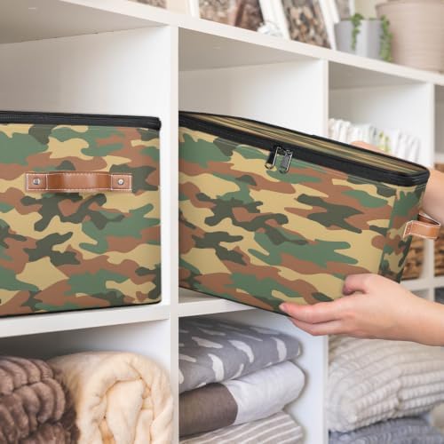 Green Camouflage Storage Box with Zipper Lid | Collapsible, Fabric, Storage Bin, Handle, Large, Closet Organizer, Containers, Bedroom, Home, Green Camo