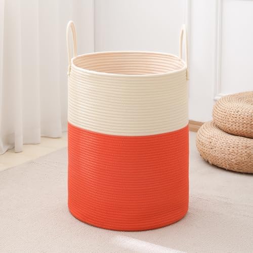 Woven Laundry Hamper Tall Rope Storage Basket for Blanket oys Dirty Clothes in Living Room Bathroom Bedroom (White&Orange, 60L/15.8Gal)