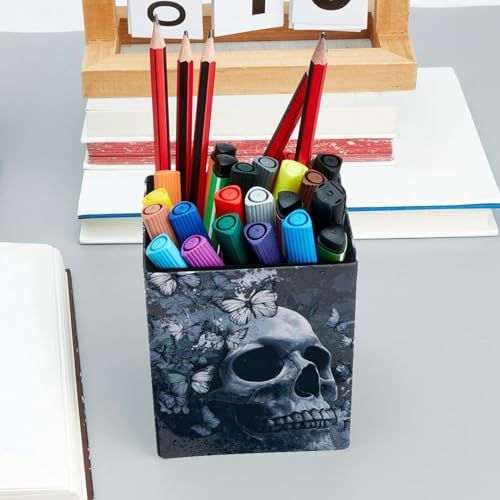 Skull and Butterfly Pen Holder for Desk Decor, Rectangular PVC Leather Pencil Cup for Desk Pen Organizer, Makeup Brush Holder for School, Home, Office