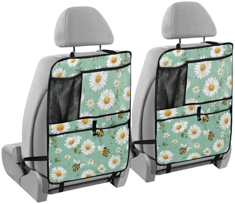 1 Pack Back Seat Car Organizer with Storage Pockets Kick Mats Back Seat Protector Hanging Car Organizer Automotive Seat Back Cover Organizers Mint Green Daisy Flowers and Bees