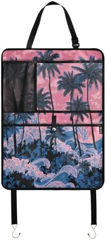 1 Pack Back Seat Car Organizer with Storage Pockets Kick Mats Back Seat Protector Hanging Car Organizer Automotive Seat Back Cover Organizers Palm Tree Wave Pink
